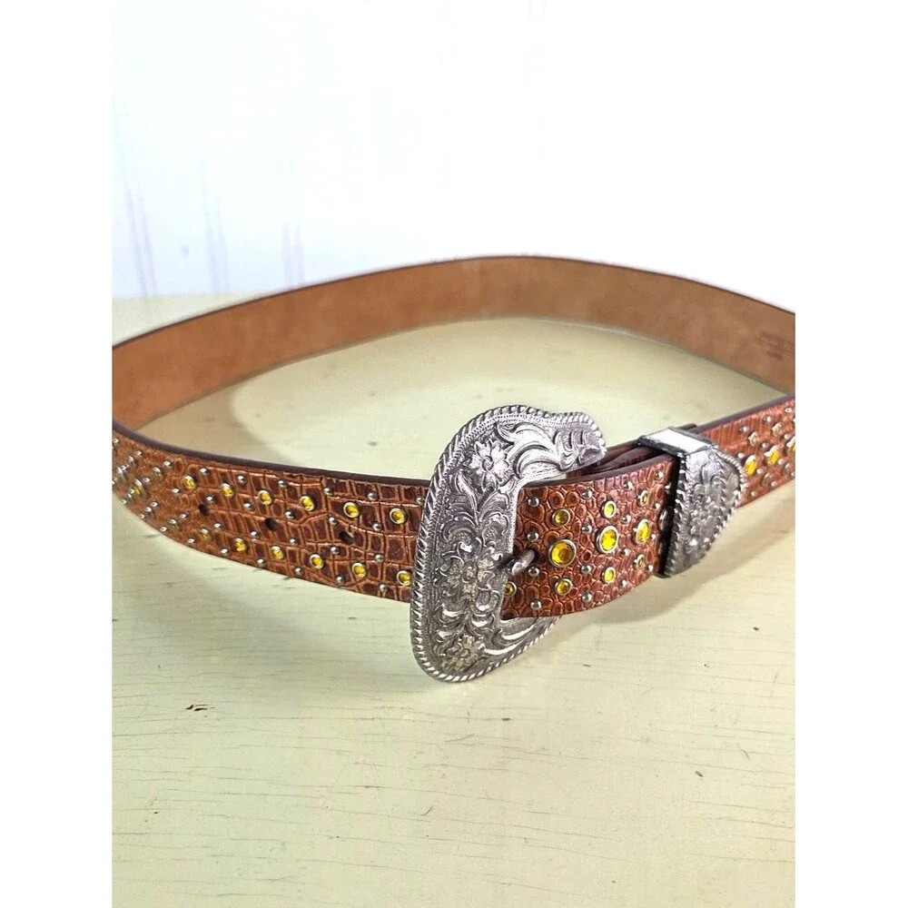 Vintage Ariat Western Leather Belt 1996 Brown Studded Rhinestone Concho Women M